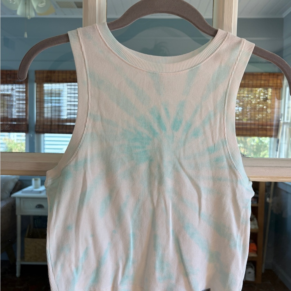 Hollister Women's Ribbed Tank Top in White with Light Blue Tie-Dye